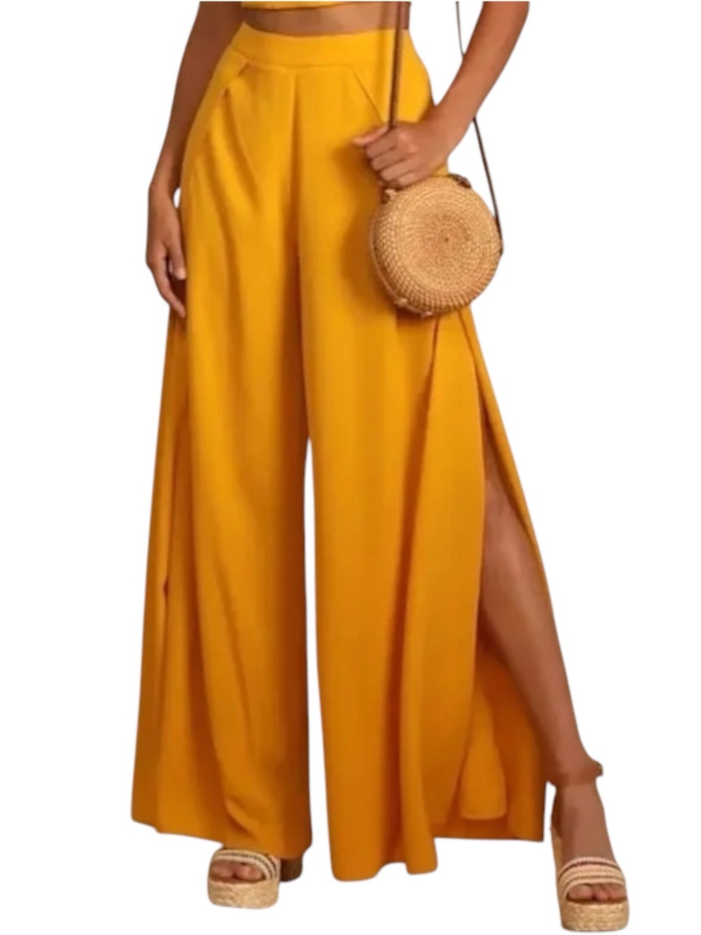 Lulus NWT Out Tonight Mustard Yellow Wide Leg High Waisted Side Slit Pleat Pants